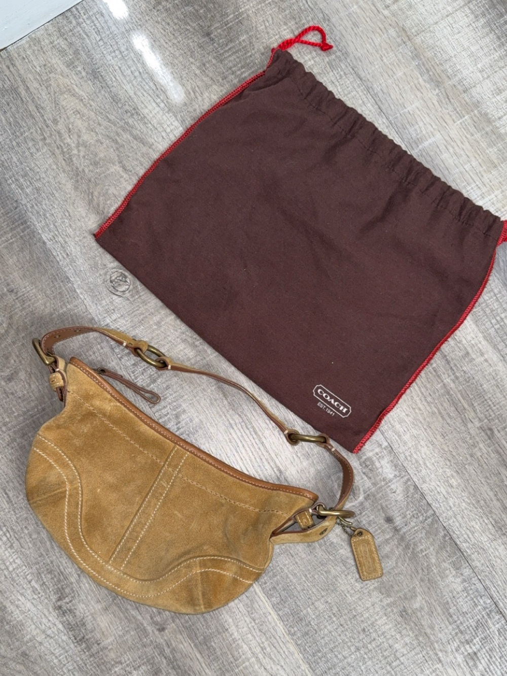 Coach Suede Shoulder Bag in Tan/Brown with Brass Hardware